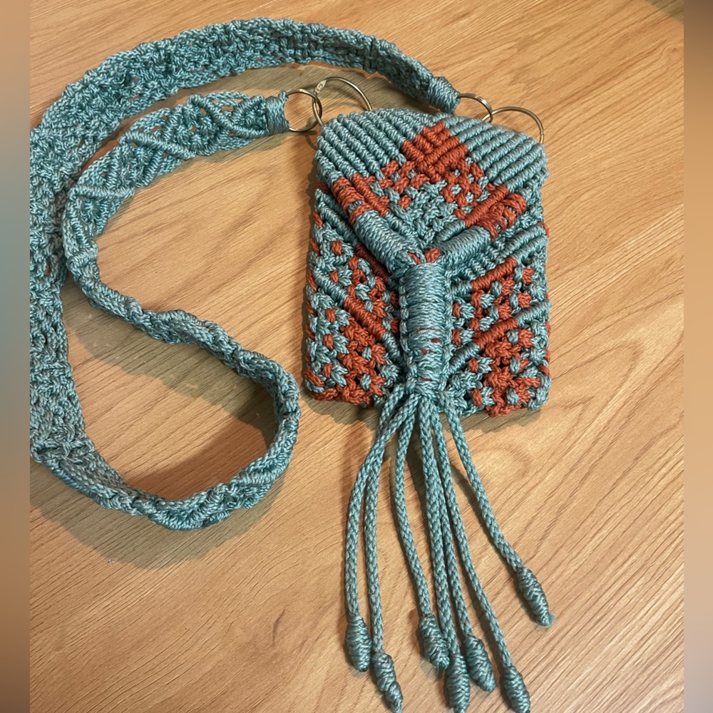 Handcrafted Teal and Rust Macramé Crossbody Bag